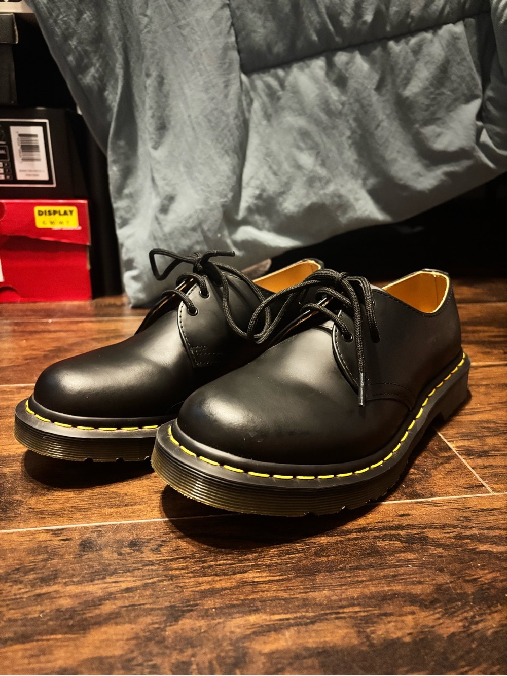 Dr. Martens Black Leather Shoes with Yellow Stitching